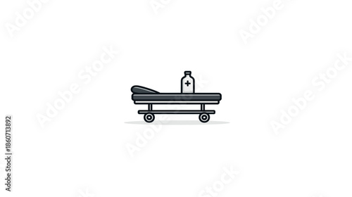 Medical gurney icon with IV fluid bottle and pillow, minimalist healthcare illustration for emergency services or patient transport