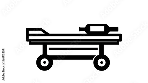 Black outline icon of a medical stretcher or gurney with wheels, symbolizing patient transport and emergency medical services.