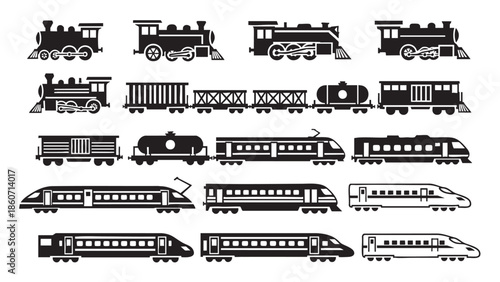 Set of Various Freight and Passenger Train Silhouettes for Transportation Themes
