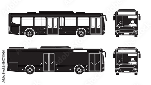 Side and front views of modern city buses in black and white illustration