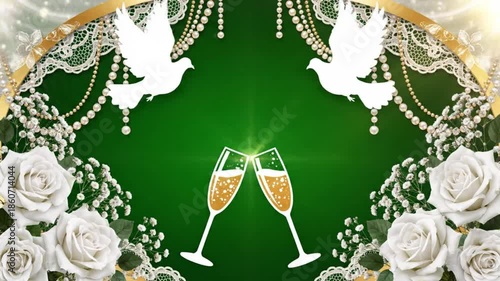 Wedding ceremony green screen frame with white rose flower and champagne glass
