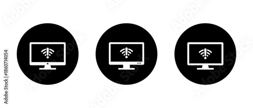 Computer monitor with wifi warning icon in black circle. Internet connection error and network problem symbol