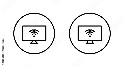 Computer monitor wifi warning icon in circular outline. Internet connection error and network problem symbol