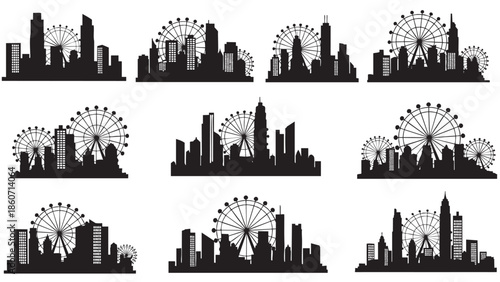 Silhouette City Skylines with Ferris Wheels in a Set of Nine