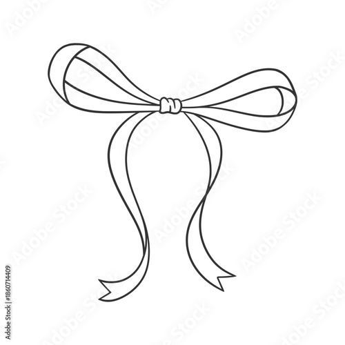 Coquette bow black, line drawing. Simple illustration of vintage tied ribbon. Romantic design. Wedding, birthday gift, retro style. Girly hairstyle accessories, vector illustration. Doodle lace.