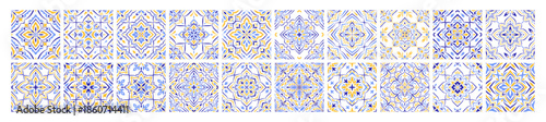 Mediterranean ceramic tile set, border. Blue yellow seamless pattern, no background. Spanish, Sicilian, Portuguese, Italian folk traditional ornament. Floral ethnic motif, mosaic design print. Vector
