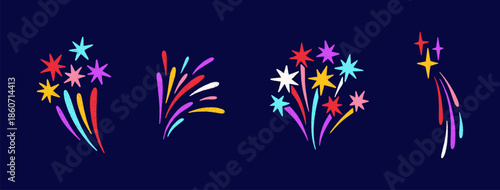 Crayon colorful fireworks set. Handdrawn sketches of sparkles, firecracker, confetti. Pencil or chalk drawing. Cute childish party mood doodles. For birthday, carnival, holiday design. Vector, dark bg