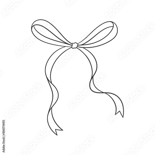 Coquette bow black, line art drawing. Hand drawn simple illustration of vintage tied ribbon. Wedding, birthday gift, retro style. Cute girly vector illustration. Doodle lace.
