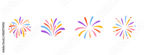 Crayon colorful fireworks set. Hand drawn sketches of whimsical sparkles, firecracker, confetti, magical bursts. Childish chalk or pencil drawings for birthday, party, carnival. Vector illustration