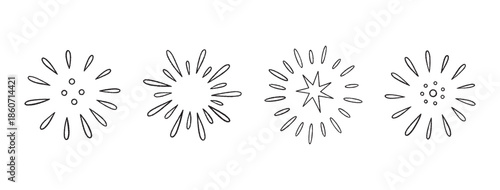 Firework doodles and festive hand drawn firecrackers set. Line art, sketch style celebration icons with stars, sparkles, explosive bursts. For party designs, celebrations, and holiday events. Vector