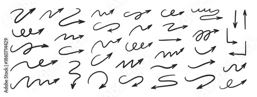 Arrow crayon hand drawn set. Black waved lines on white background. Chalk, charcoal, pencil, pastel doodle direction pointers. Grunge textured strokes, underlines. Freehand curved arrows. Vector