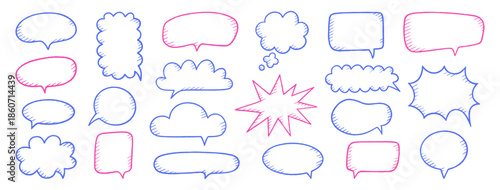 Crayon speech bubbles set. Chat talk boxes. Line drawn colorful chalk frames. Kid doodle pencil drawing, dialogue balloon cloud. Thought elements on white background. Vector illustration