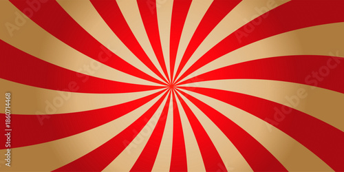 Swirl groovy starburst background with vibrant red, and gold wavy stripes. Retro 70s psychedelic abstract pattern inspired by candy and circus vibes. Perfect for posters, parties, and kids designs.
