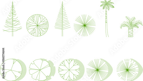 Vector set of tropical and coniferous tree symbols. Features green line art of palm trees, pines, and foliage in top and side views for site planning.