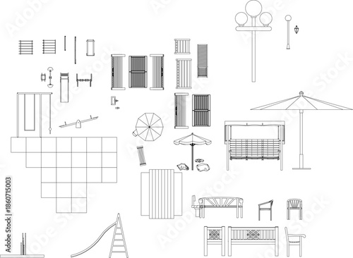 Vector set of outdoor furniture and playground symbols. Minimalist line art of benches, umbrellas, slides, and swings for landscape site planning.