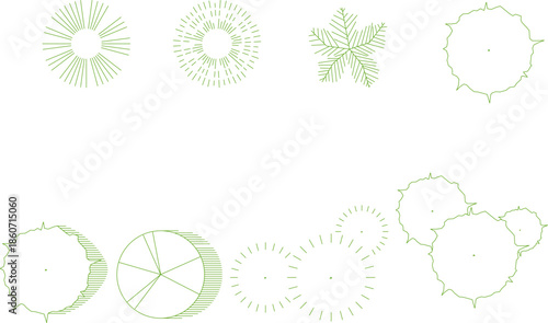 Vector set of minimalist green tree symbols in top view. Features various line art sketches of circular foliage for landscape and site plan mapping.