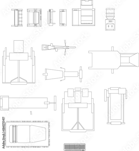 Vector set of interior design symbols. Minimalist line art of office equipment, water dispenser, air conditioner, and treadmill for floor planning.