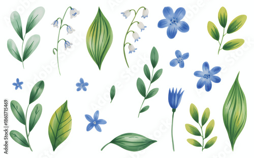 Blue wildflowers and green leaves isolated on white background in watercolor style.