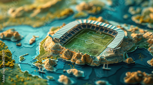 High-Angle 3D Miniature Topographical Map of an Island Featuring a Modern Football Stadium Representing Global Sports Tourism and World Championship