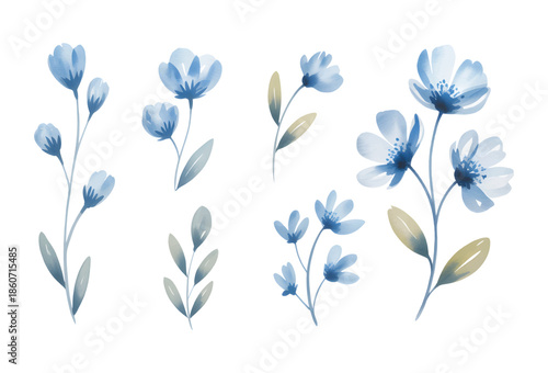 Blue flower branches painted in soft watercolor style on white background.
