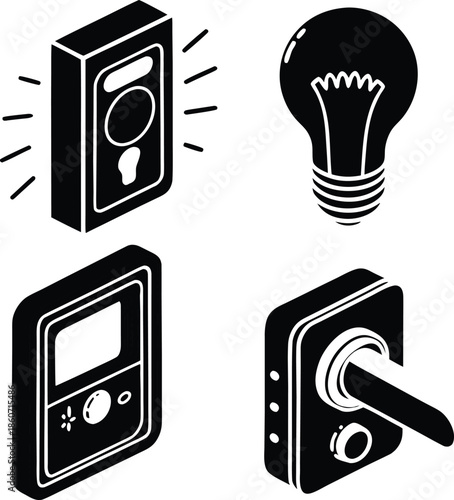 Illustrations of light switches and bulbs silhouette for home automation concepts