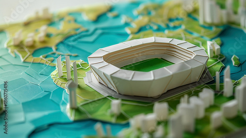 High-Angle 3D Miniature Topographical Map of an Island Featuring a Modern Football Stadium Representing Global Sports Tourism and World Championship