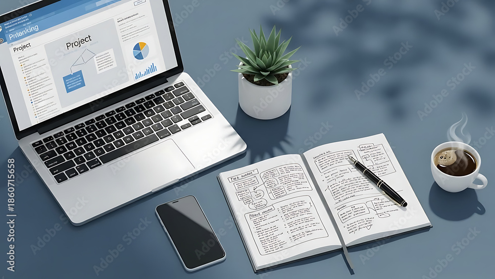 Obraz premium A modern workspace with laptop, notebook, and coffee on a clean desk surface