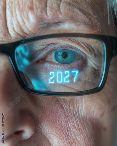 Conceptual Macro Portrait of Senior Person Looking Into Future with Glowing Year 2027 Digital Reflection on Glasses