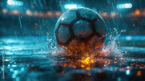 Cinematic Action Shot of a Soccer Ball Splashing in Water on a Wet Field during Rain at a Professional Stadium with Vibrant Lights and Bokeh Background