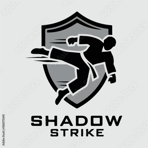 Shadow Strike martial arts shield logo with running silhouette and motion lines, bold combat sports emblem, vector mark for clubs, schools and esports branding