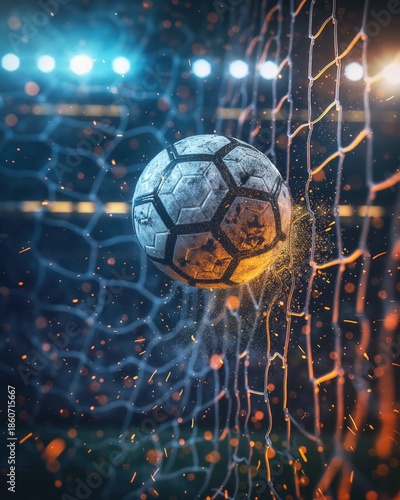Cinematic Close-up of a Soccer Ball Hitting the Goal Net with Water Splashes on a Rainy Night Stadium Background Representing Victory and Success