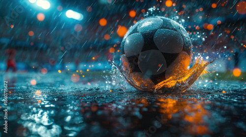 Cinematic Action Shot of a Soccer Ball Splashing in Water on a Wet Field during Rain at a Professional Stadium with Vibrant Lights and Bokeh Background