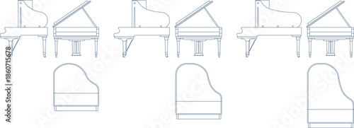 Vector set of grand piano symbols in minimalist line art. Features side and top views of pianos for interior design and architectural floor plans.