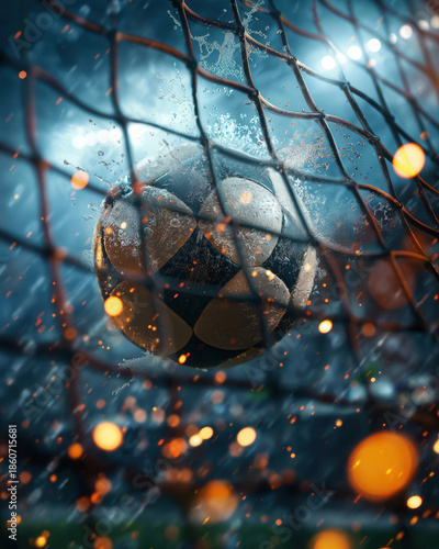 Cinematic Close-up of a Soccer Ball Hitting the Goal Net with Water Splashes on a Rainy Night Stadium Background Representing Victory and Success