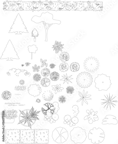 Large vector set of landscape architectural symbols. Minimalist line art of trees, shrubs, and hedges in top and side views for site plan design.