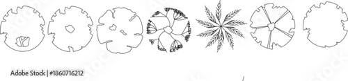 Vector set of minimalist tree symbols in top view. Features various line art sketches of circular foliage and plants for landscape and site planning.
