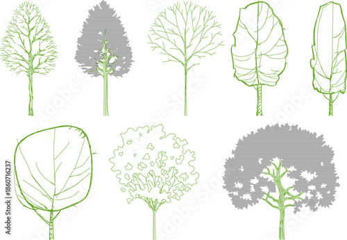Vector set of various tree species in minimalist green line art. Features sketches of deciduous and evergreen trees for landscape and site planning.