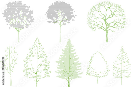 Vector line art set of green deciduous and evergreen trees. Minimalist sketches of various tree species for landscape design and outdoor planning.
