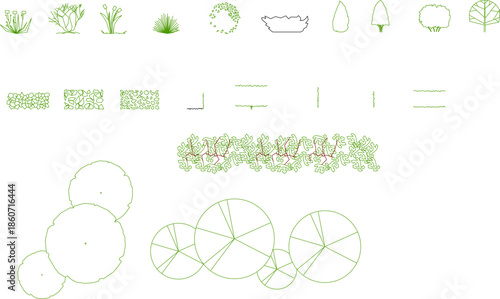 Vector set of green landscape design symbols. Features minimalist line art of trees, shrubs, and garden hedges in top view for site plan mapping.