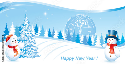Happy New Year 2026. Festive banner with a globe and clock on background of fir trees, New Year tree and snowmen. Vector illustrations for greeting cards, backgrounds, holiday designs and social media