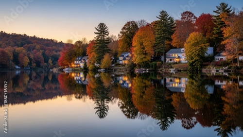 Autumn lakefront homes with vibrant fall foliage reflecting in calm water