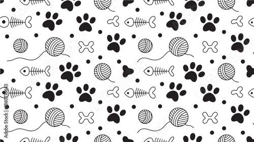 Seamless pet pattern background with cat paw prints and fish bones for fabric and packaging design