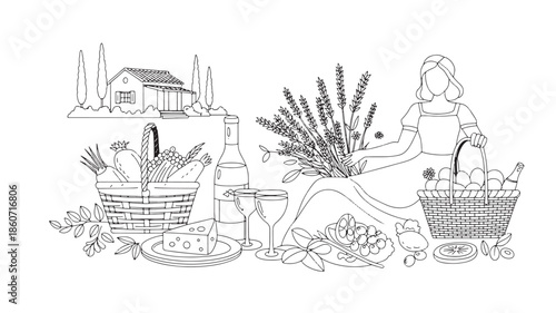 Rural harvest and countryside lifestyle with woman, food and wine hand drawn line art vector illustration