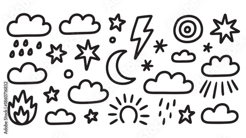 Weather and celestial symbols for app ui and graphic design hand drawn outline vector icons