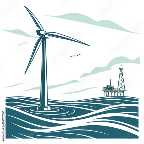 An offshore wind turbine generating clean energy in the ocean