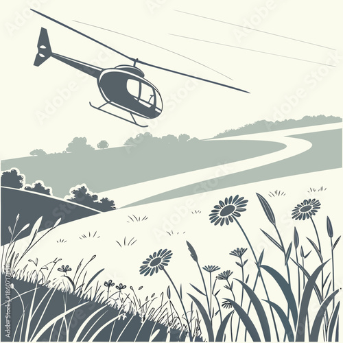 Helicopter in the sky above a scenic field of flowers and grass