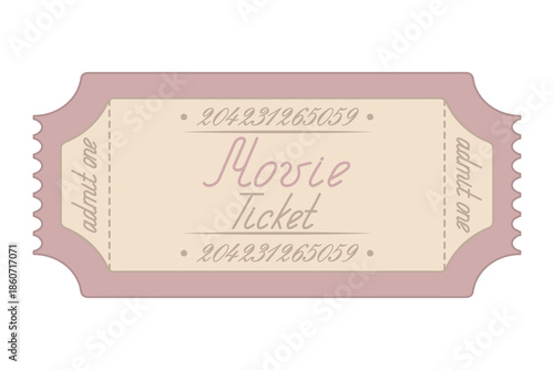 Pink movie ticket admit one. Handwritten cursive lettering. Illustration.