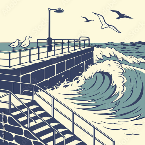 Illustration of a wave crashing against a pier with seagulls flying