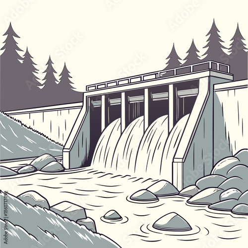 Illustration of a dam with water flowing in a natural river setting