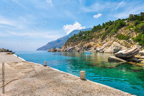 Wallpaper Mural Magganitis fishing village harbor marina port with moored boat by coast shore on Ikaria island, Greece Greek longevity blue zone and nobody Torontodigital.ca
